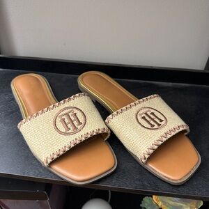 Tommy Hilfiger Tan Slide Sandals with Embroidered Logo